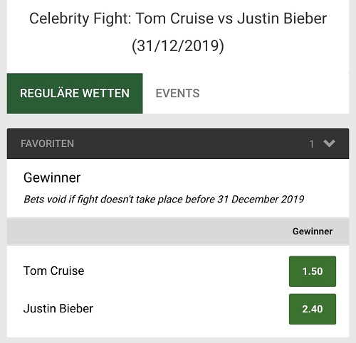 Bieber vs. Cruise: Wettquoten bei Unibet Bieber Cruise Kampf