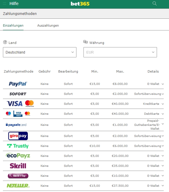 Bet365 Zahlungsverkehr Bet365 Einzahlungen